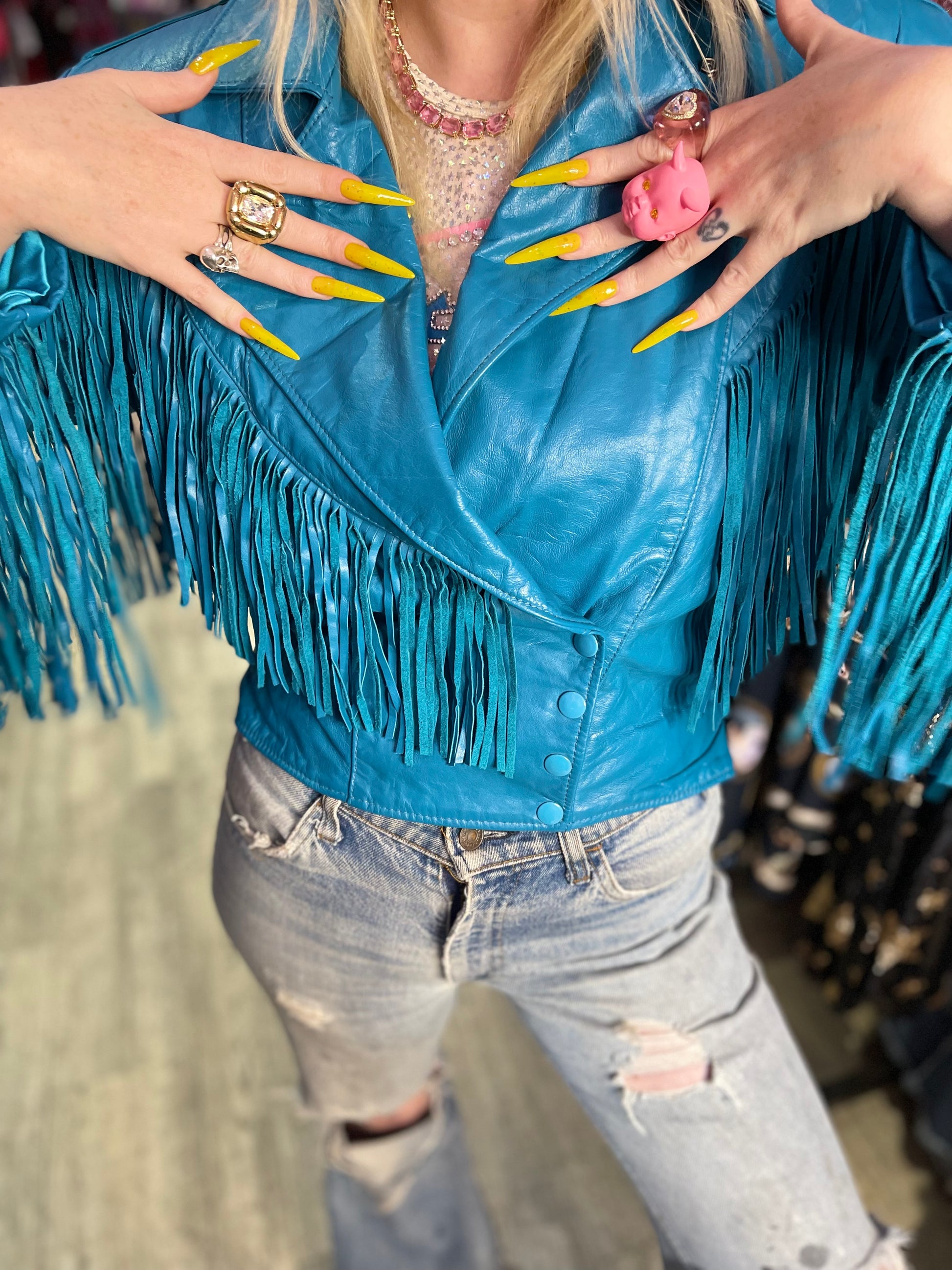 Vintage 80s Turquoise Blue Leather Fringe Moto Jacket - Spark Pretty