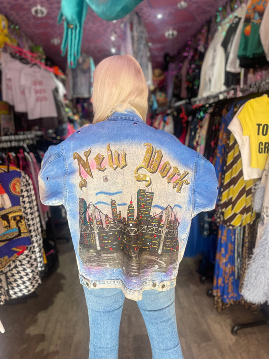 Vintage 80s Painted and Bedazzled New York Jean Jacket