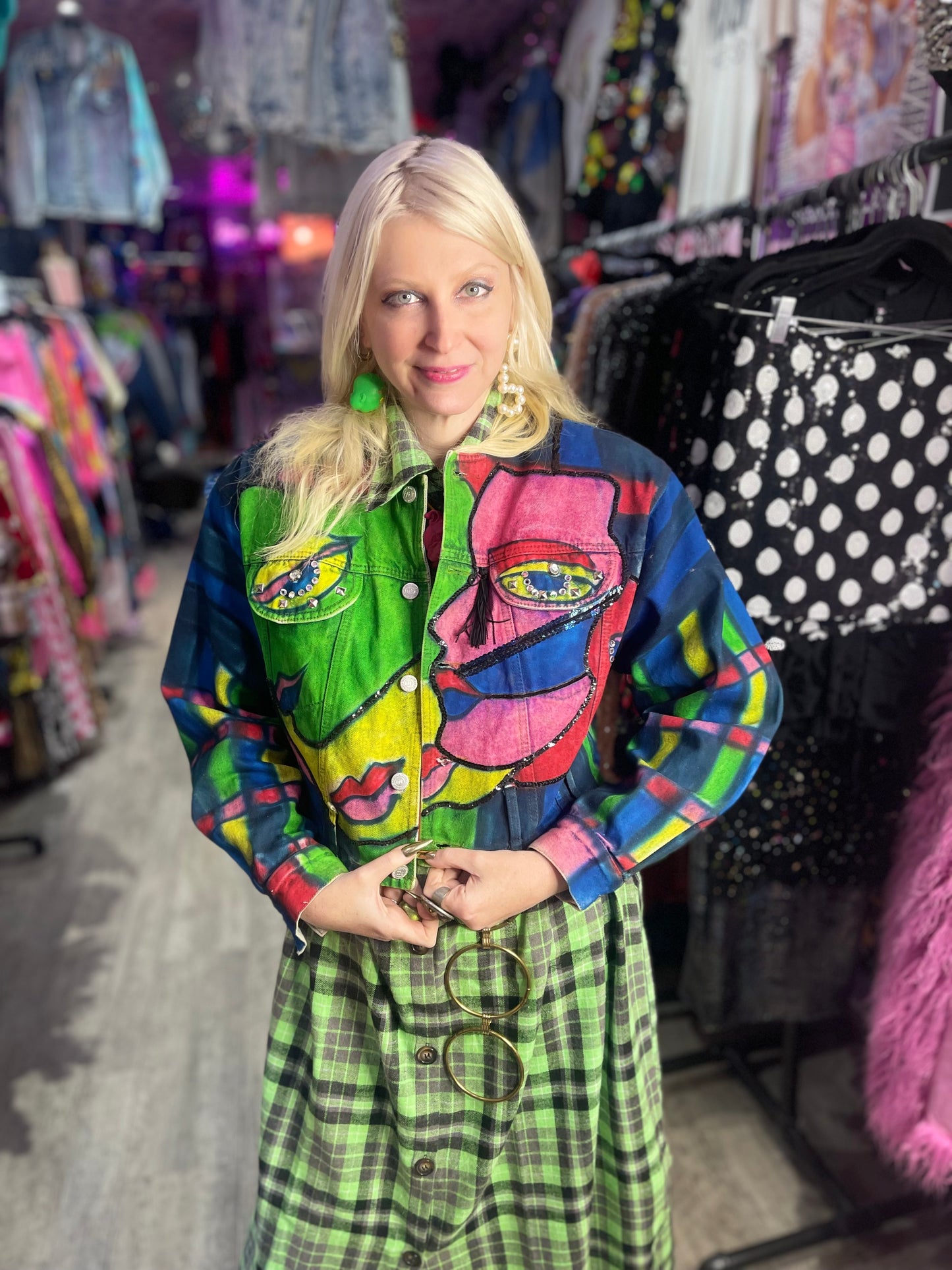 Vintage 80s Geometric Painted Faces Denim Jacket - Spark Pretty