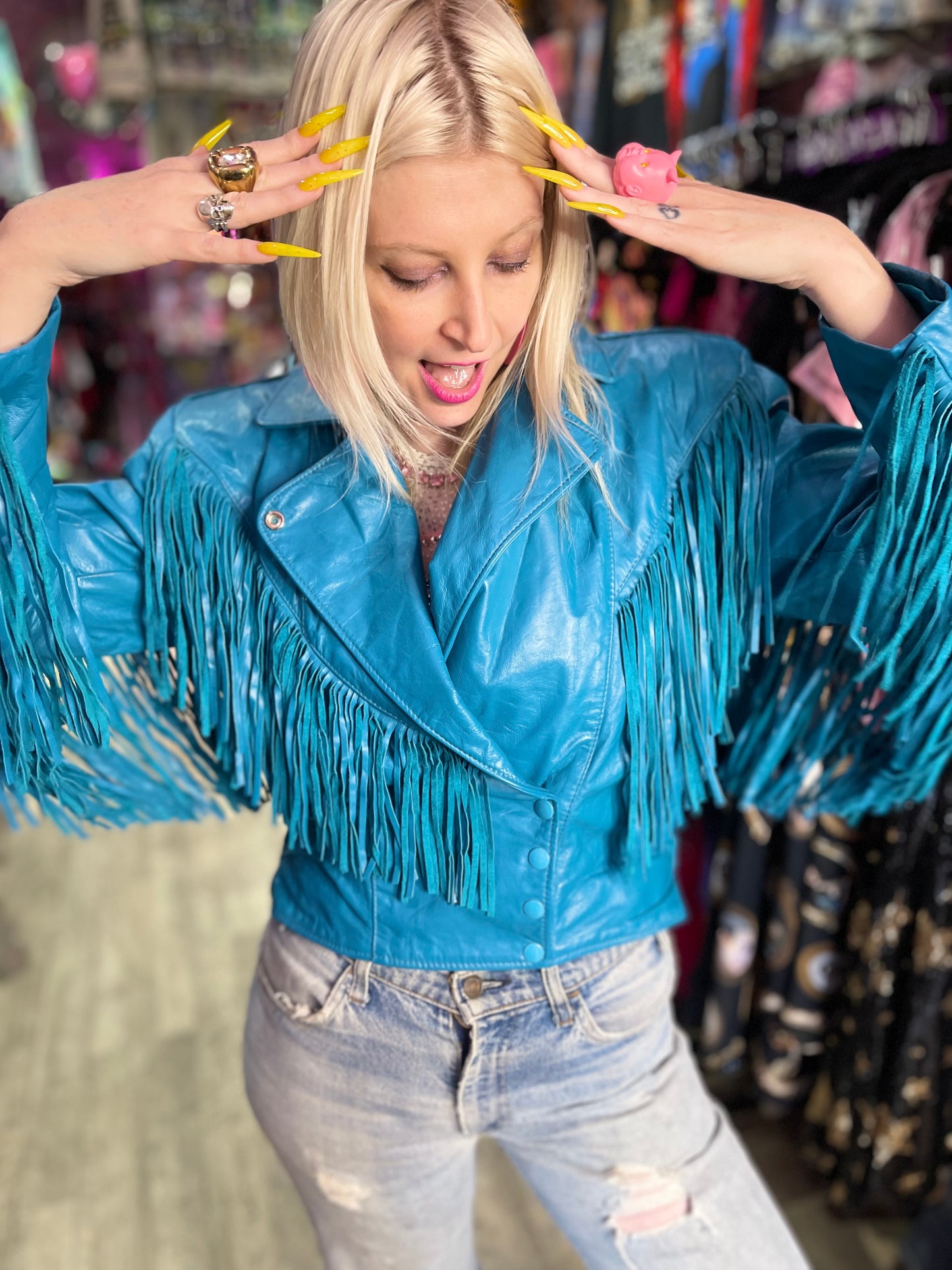 Vintage 80s Turquoise Blue Leather Fringe Moto Jacket - Spark Pretty