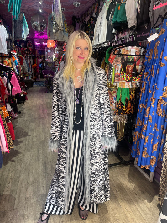 Vintage Y2K Zebra Faux Fur Duster Jacket