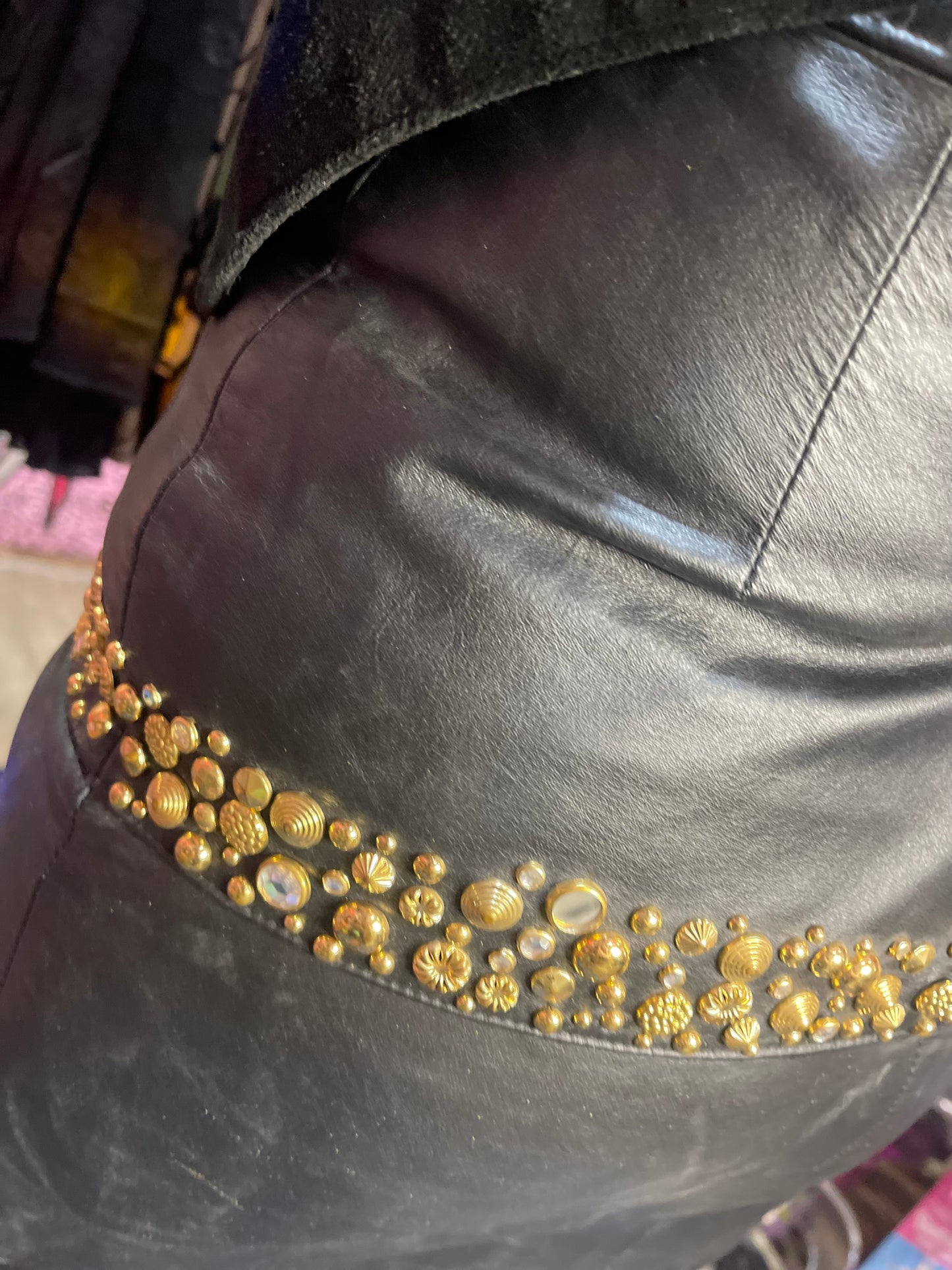 Vintage 80s Studded and Bedazzled Leather Mini Skirt