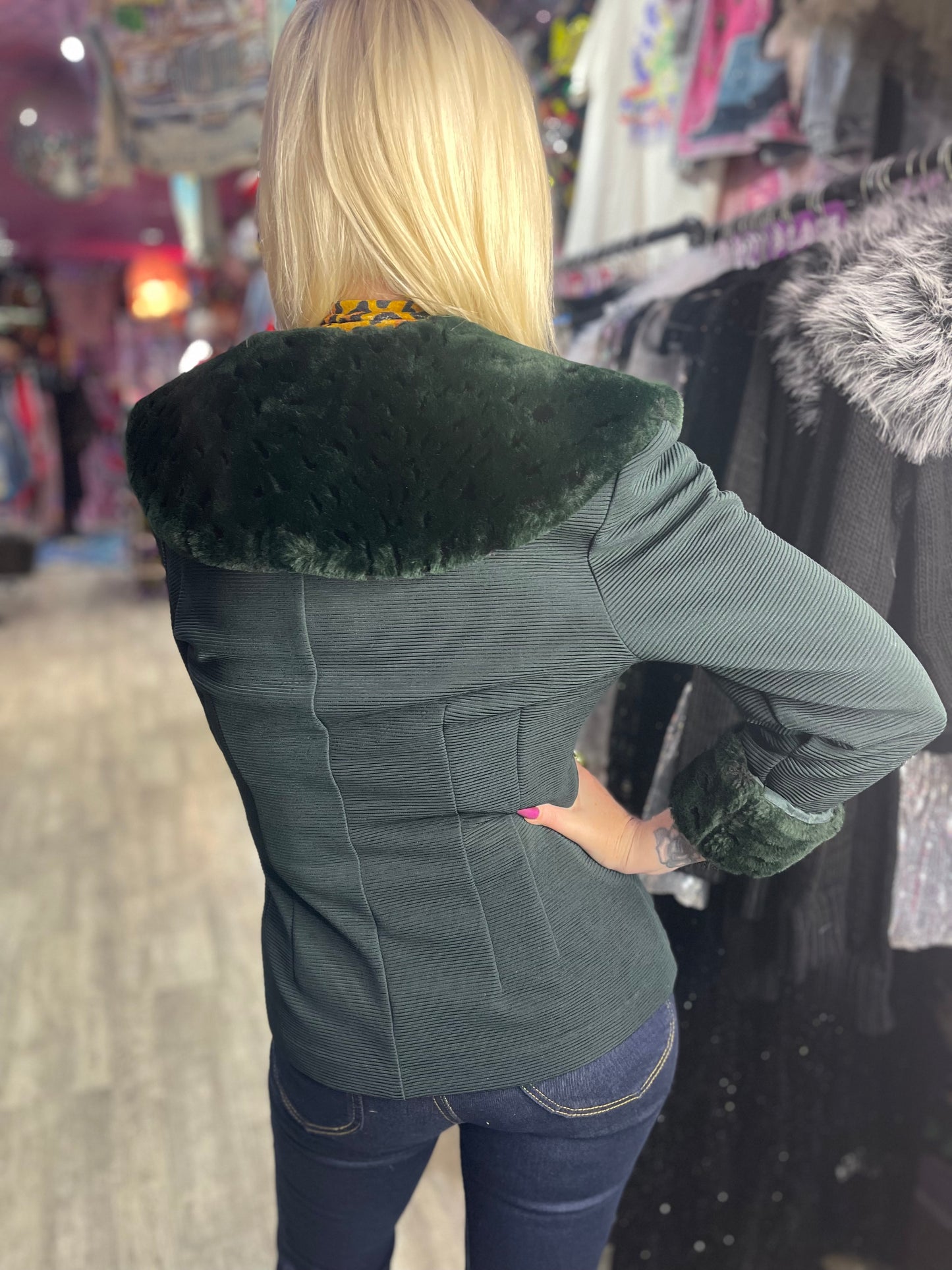 Vintage 90s Green Faux Fur Peplum Fitted Jacket