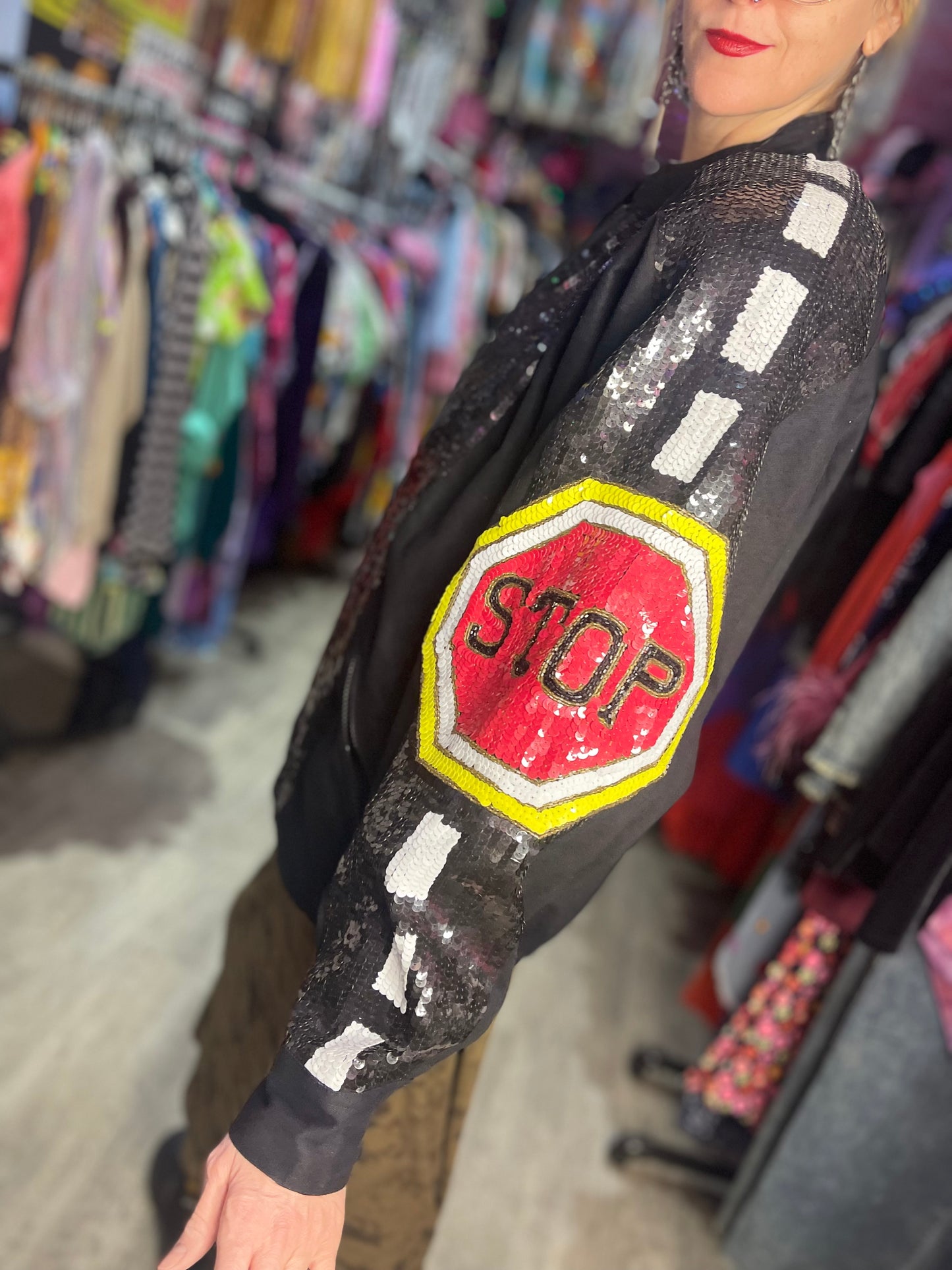 Vintage 90s Sequin Stop Sign Bomber Jacket