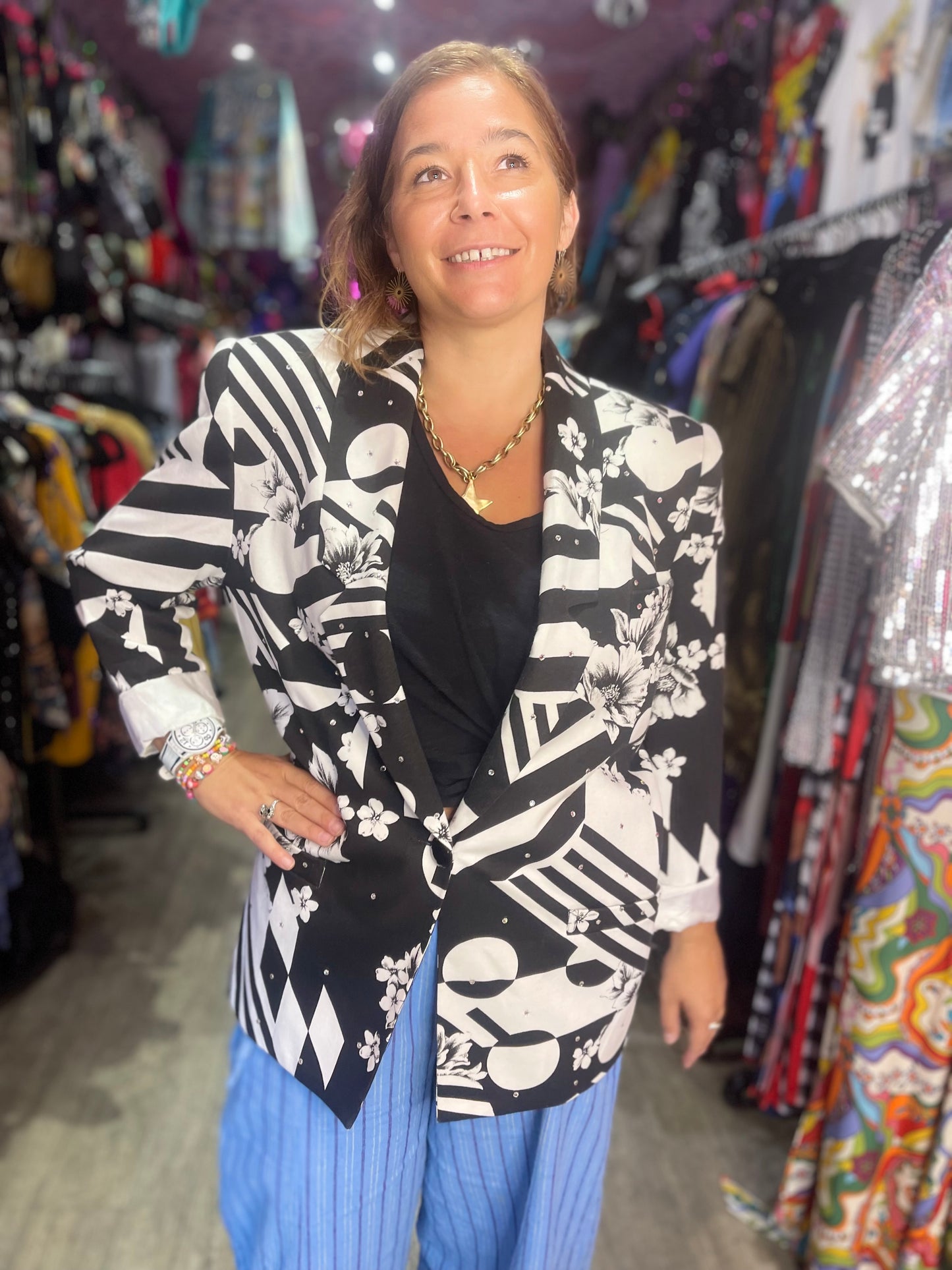 Vintage 90s Mix Print Black and White Geometric Blazer