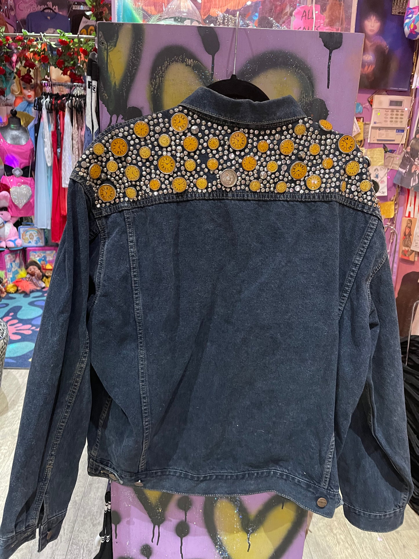 Vintage 80s Studded Clocks Jean Jacket