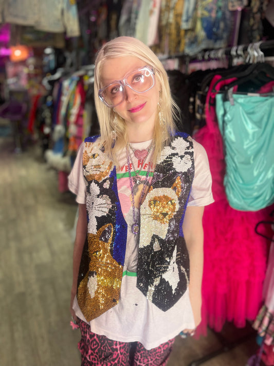 Vintage 90s Sequin Cats Theme Sequin Vest - Spark Pretty