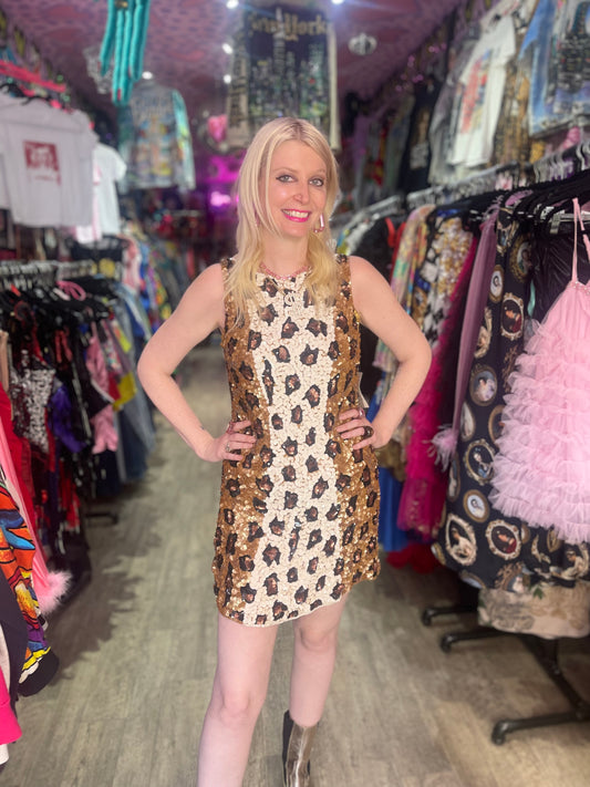 Vintage 90s Sequin Leopard Mini Dress
