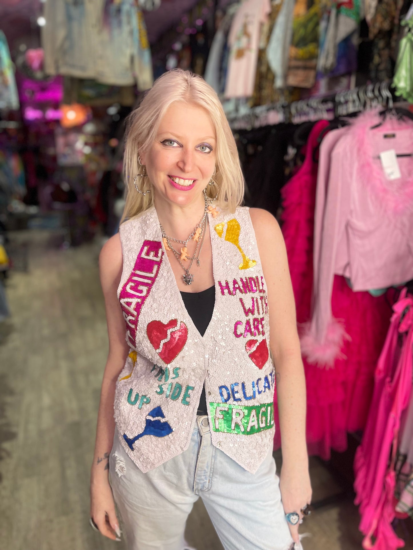 Vintage 90s Sequin Fragile Theme Vest - Spark Pretty