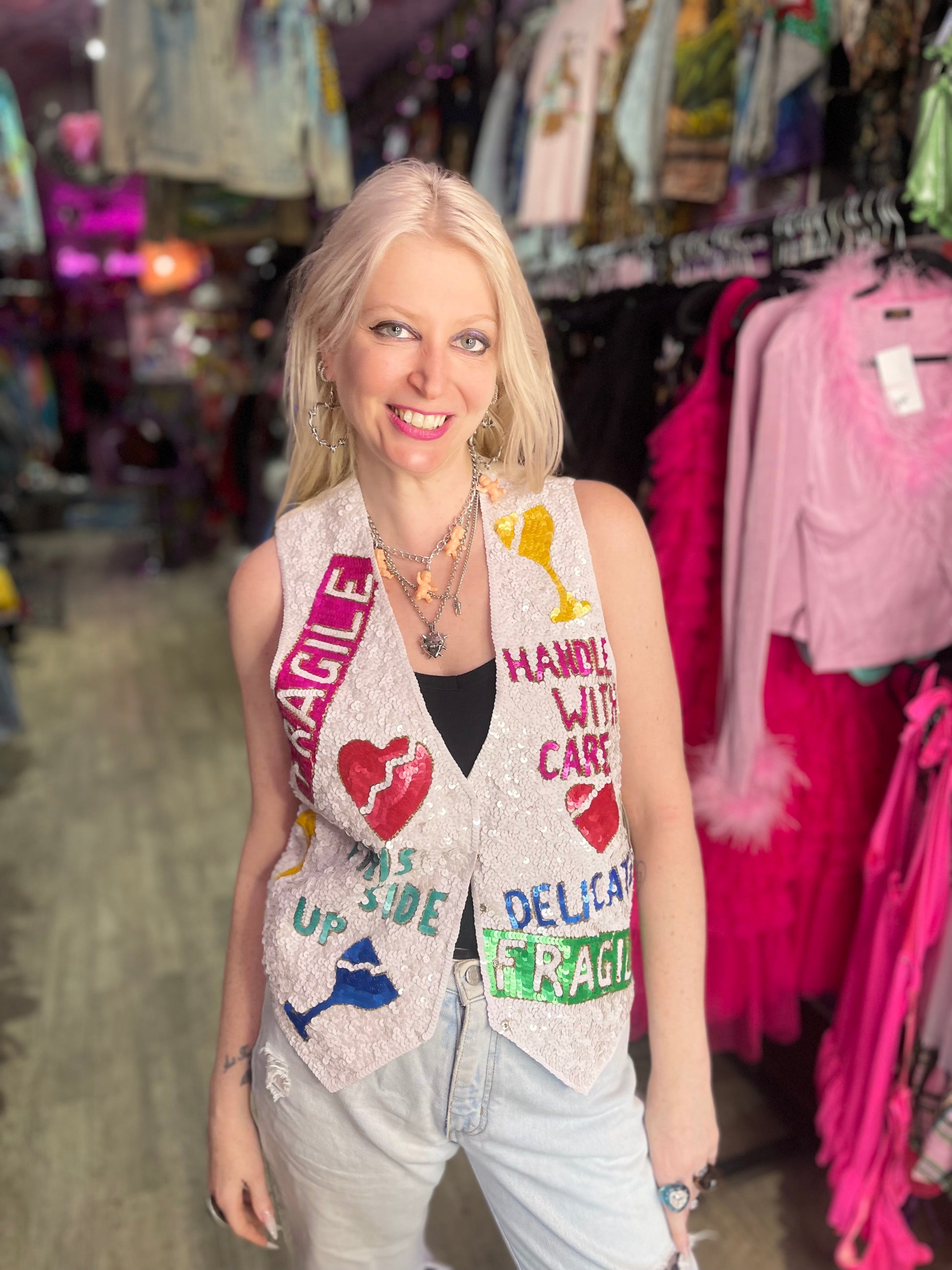 Vintage 90s Sequin Fragile Theme Vest - Spark Pretty