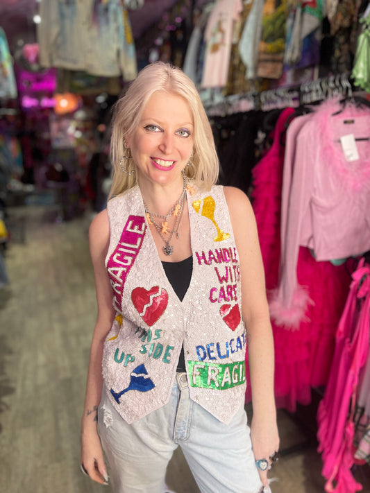 Vintage 90s Sequin Fragile Theme Vest - Spark Pretty