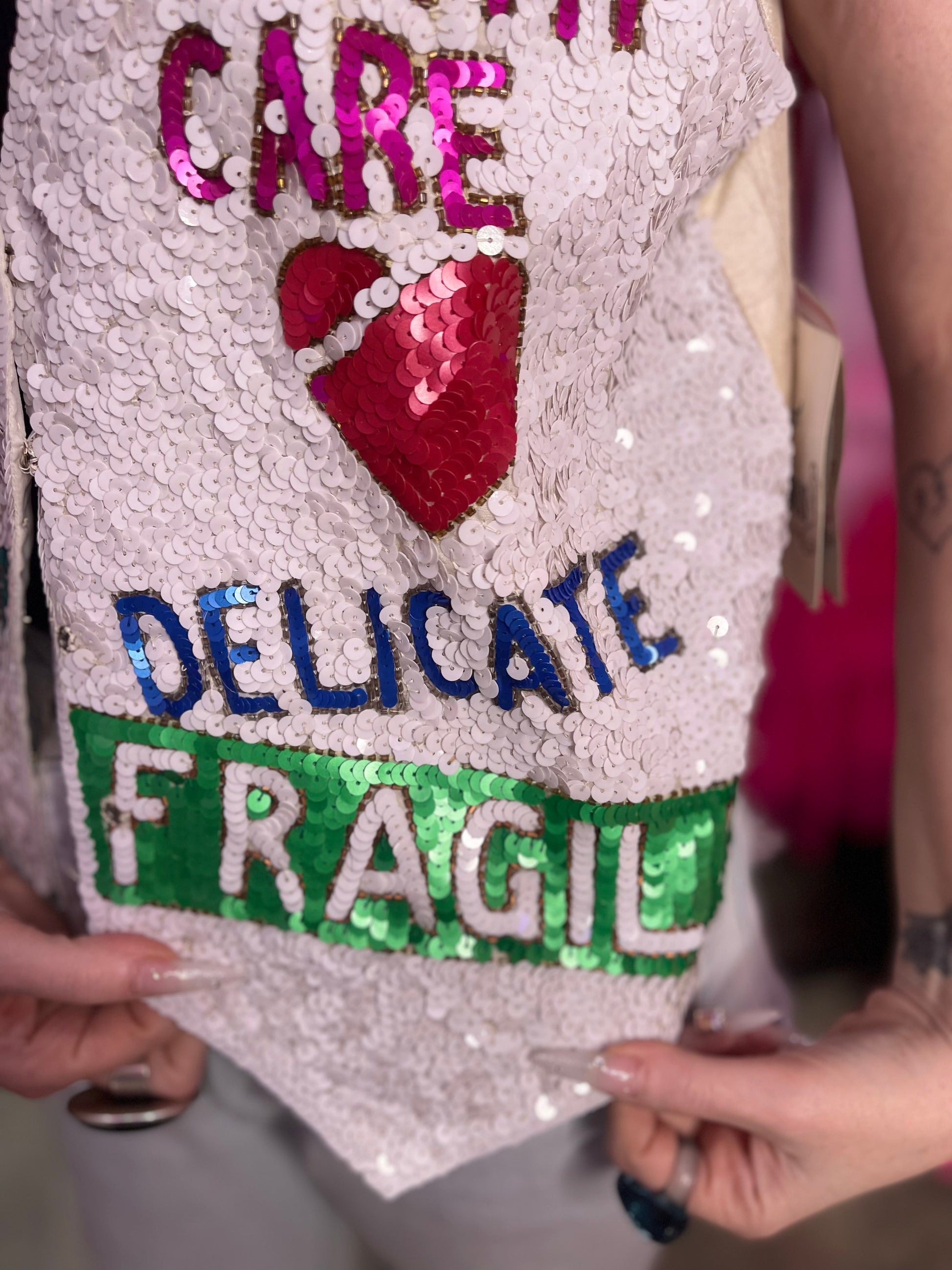 Vintage 90s Sequin Fragile Theme Vest - Spark Pretty