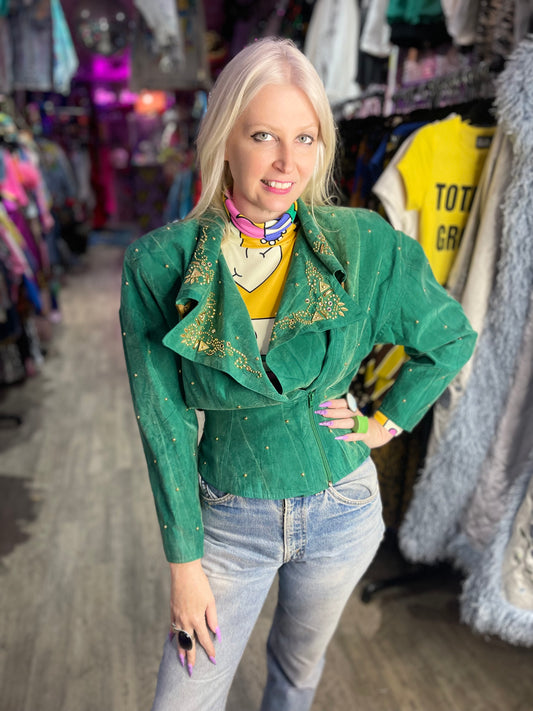 Vintage 90s Jewel Green Bedazzled Studded Moto Jacket