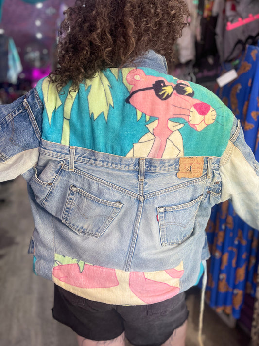 Vintage 80s Patchwork Pink Panther Jean Jacket