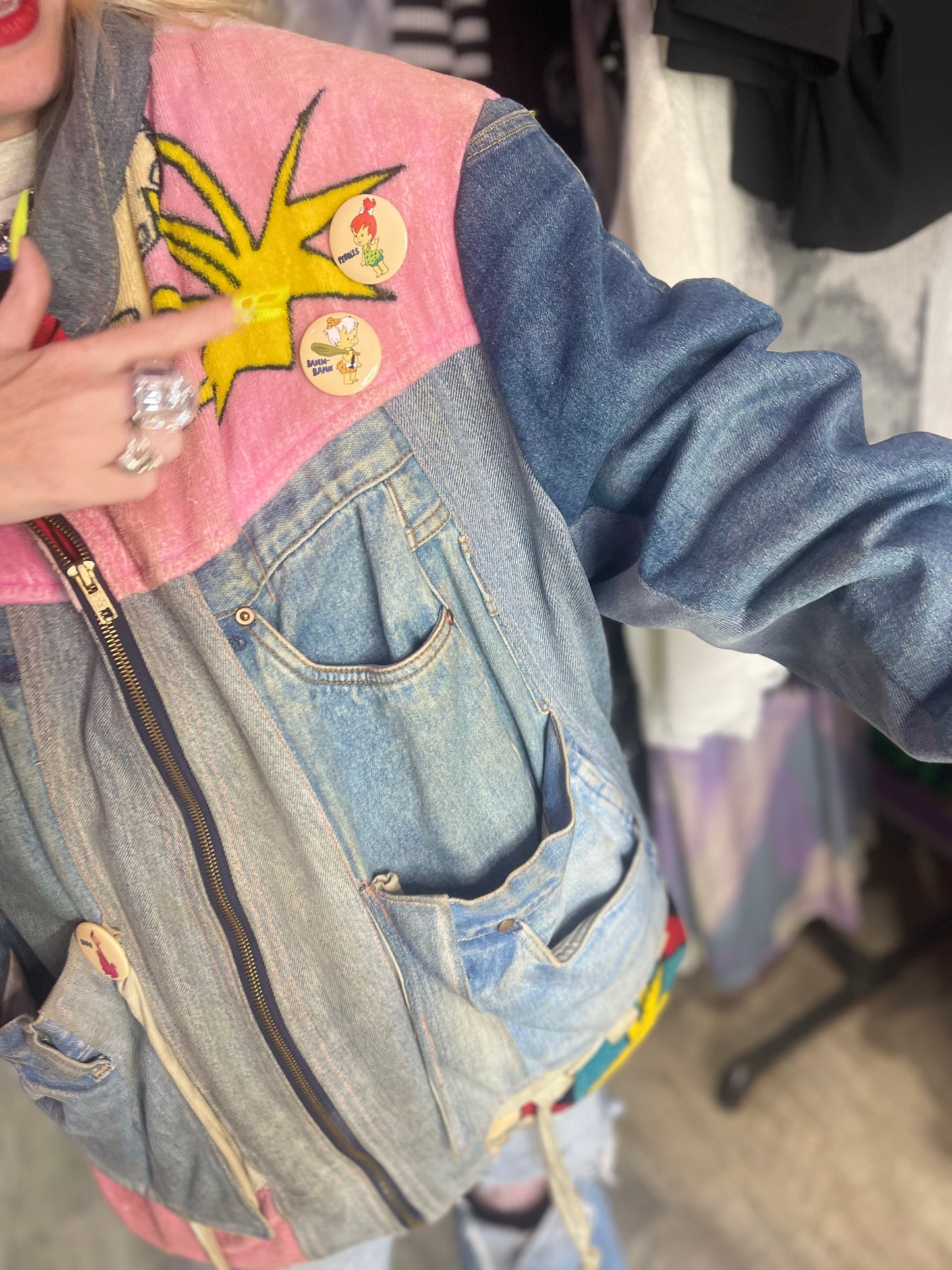 Vintage 80s Patchwork Flintstones Jean Jacket