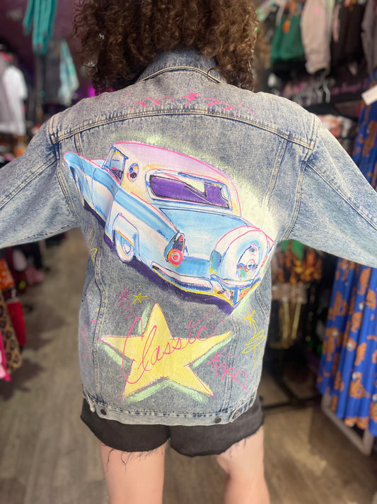 Vintage 80s Hand Painted Classic Car Chevy Jean Jacket