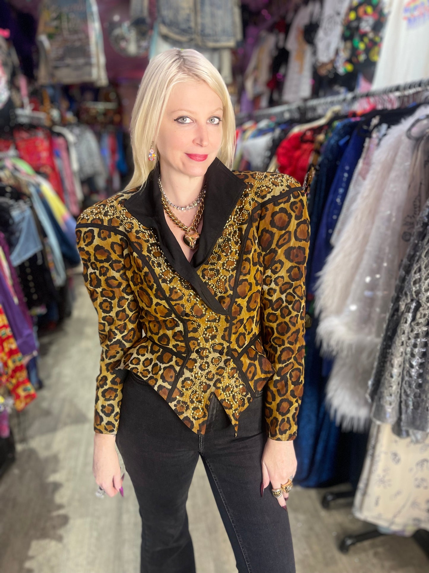 Vintage 90s Leopard Studded Peplum Fitted Jacket