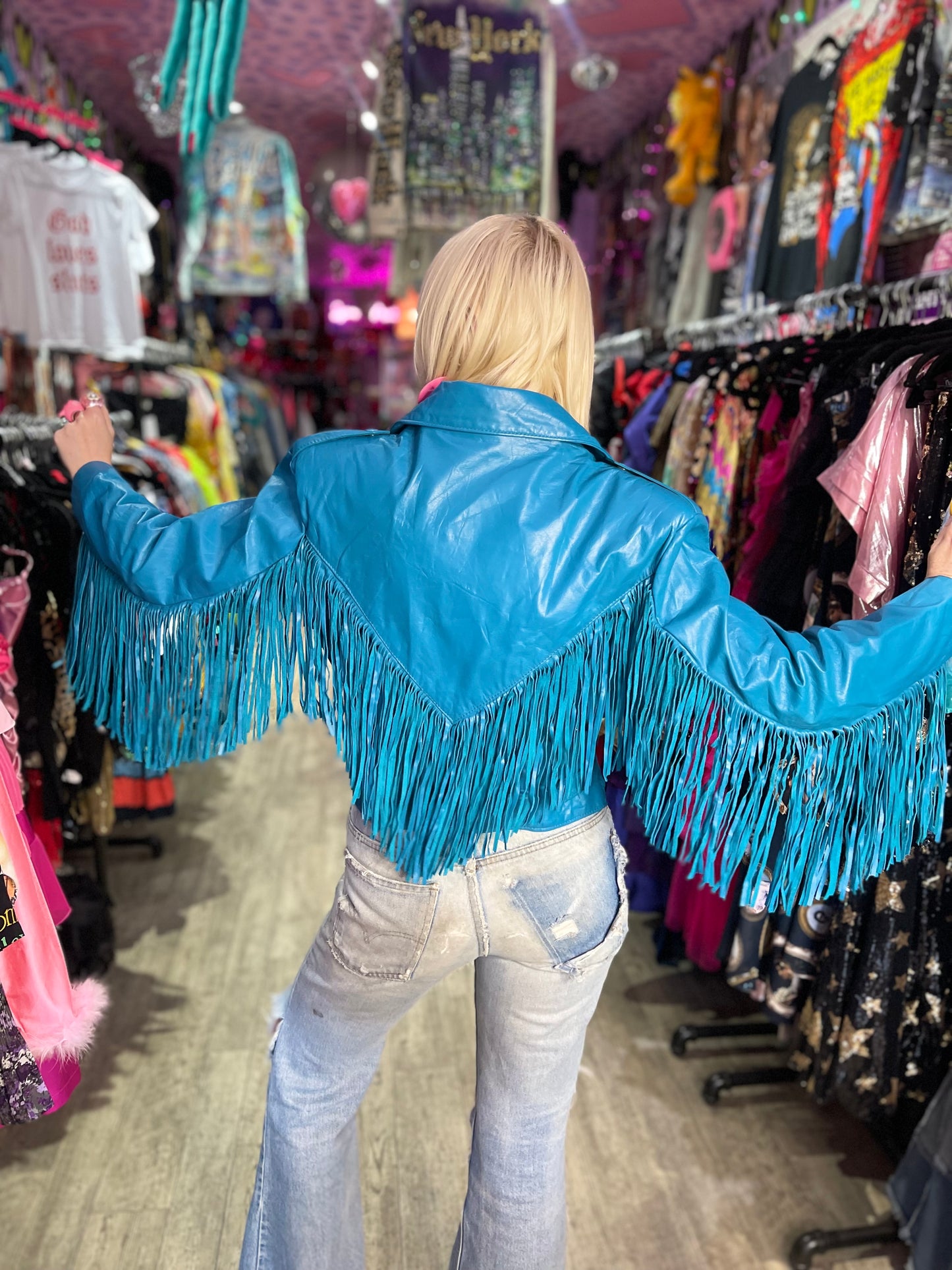 Vintage 80s Turquoise Blue Leather Fringe Moto Jacket - Spark Pretty