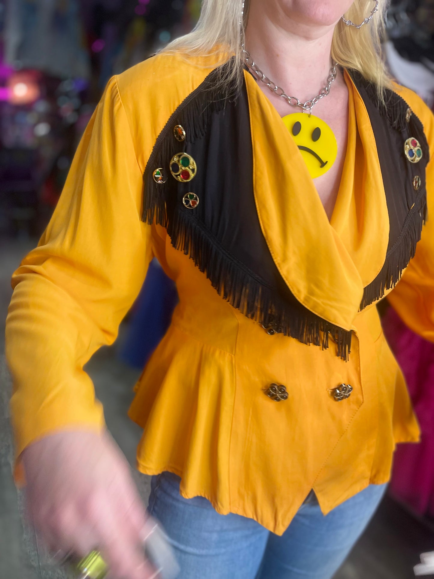 Vintage 90s Yellow Bedazzled Studded Fringe Jacket