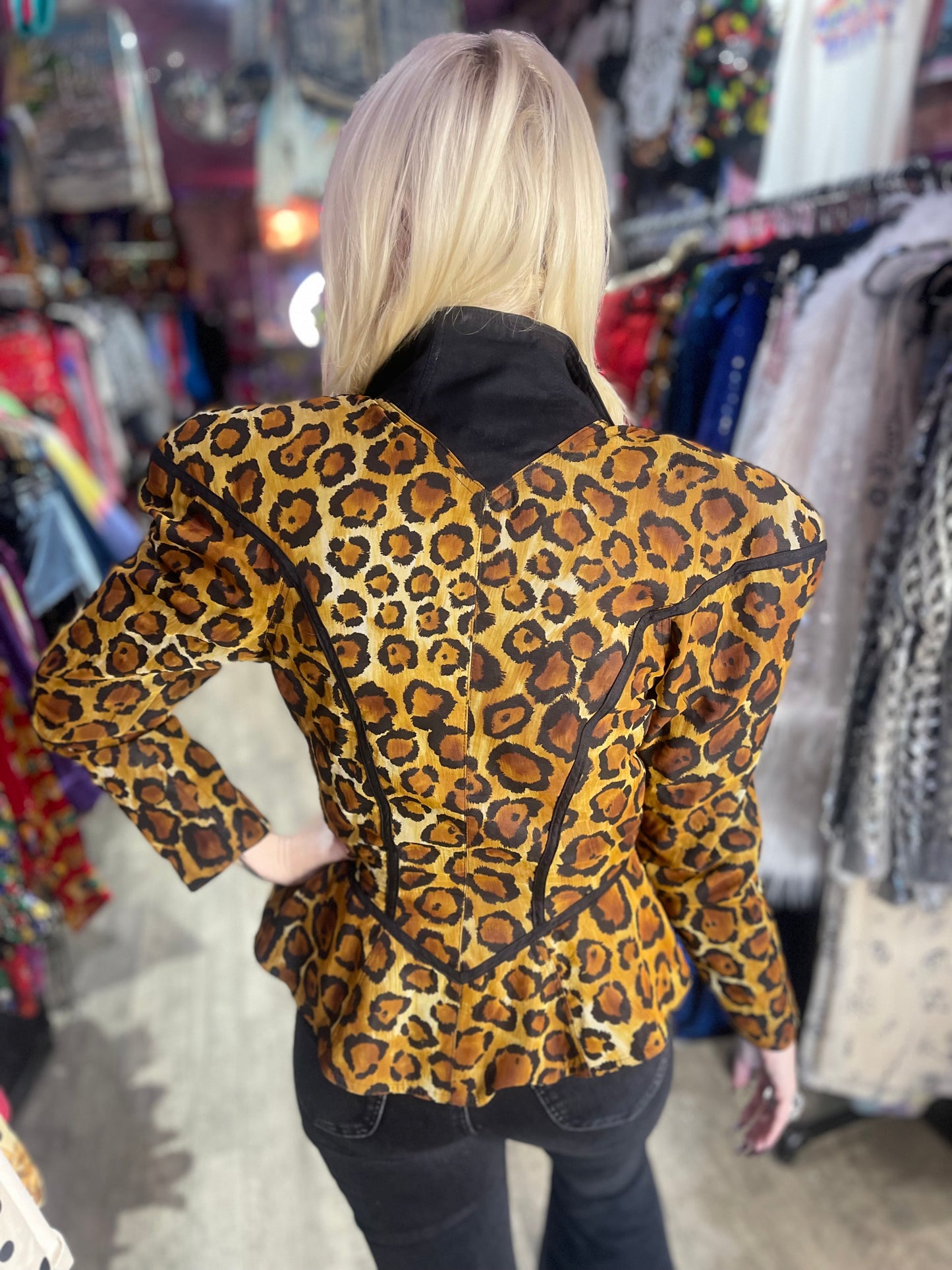 Vintage 90s Leopard Studded Peplum Fitted Jacket