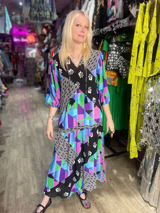 Vintage 80s Geometric Print Maxi Dress