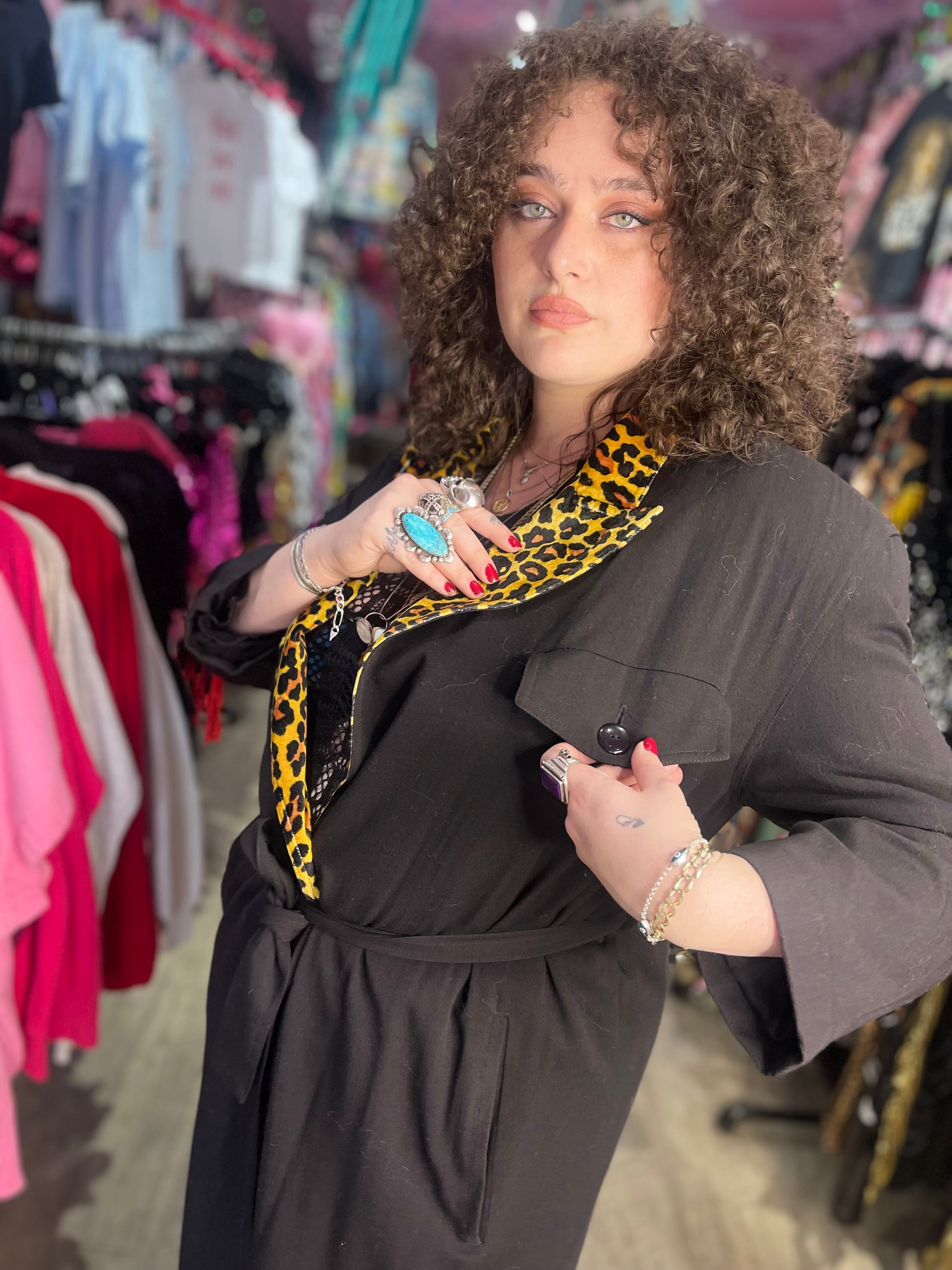 Vintage 80s Black and Leopard Trench Coat - Spark Pretty