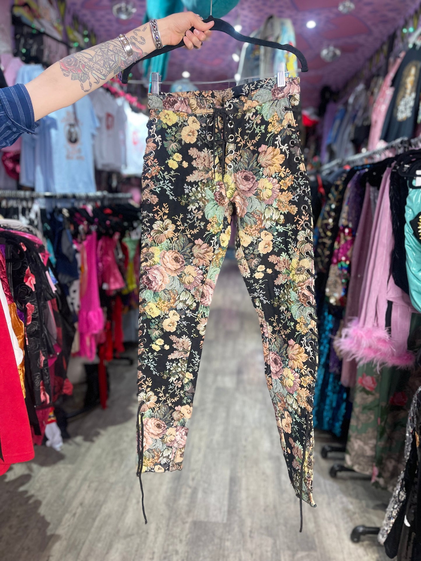 Vintage 90s RARE Lip Service Tapestry Lace Up Pants - Spark Pretty