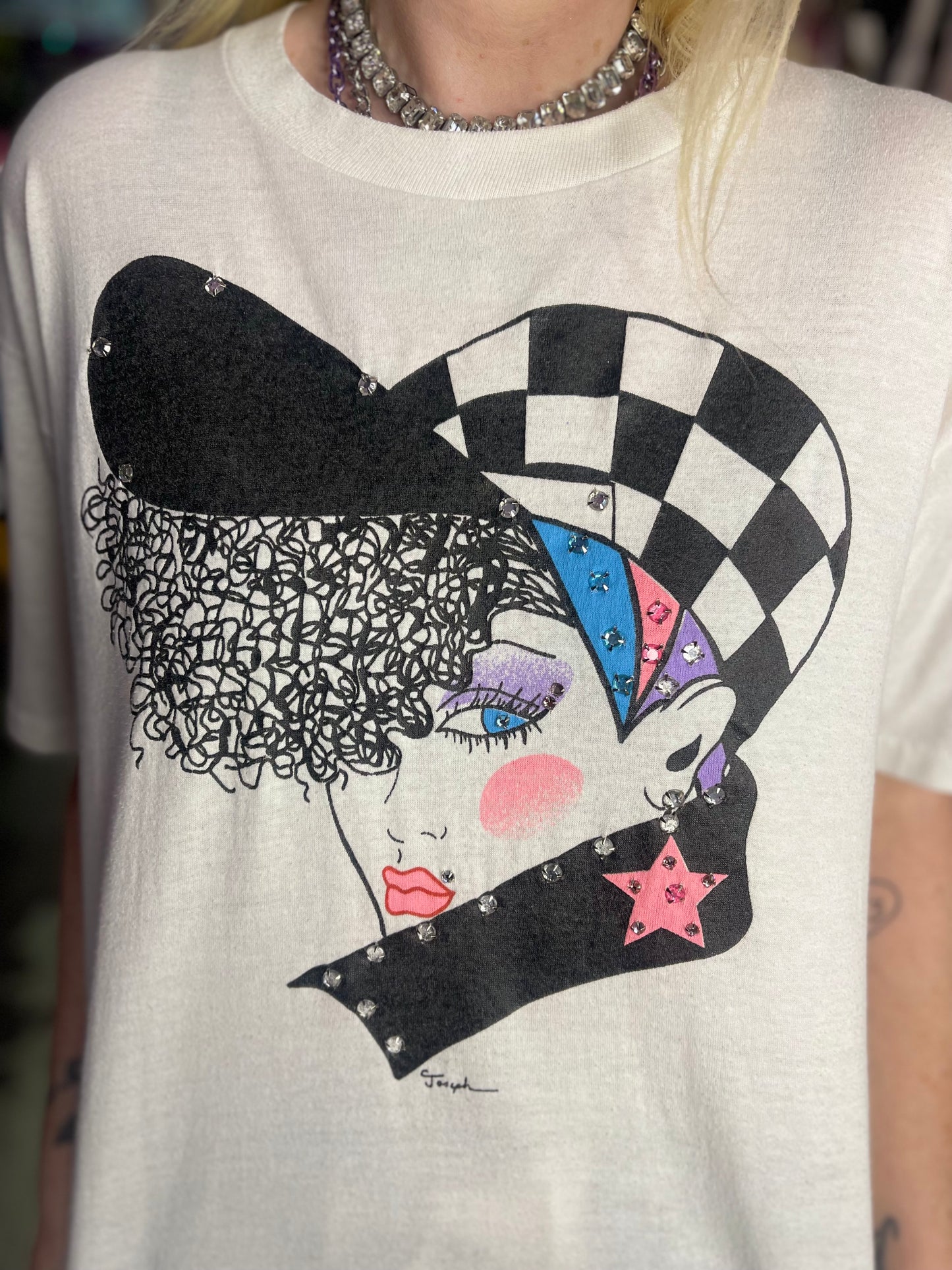 Vintage 80s New Wave Girl Bedazzled T-shirt