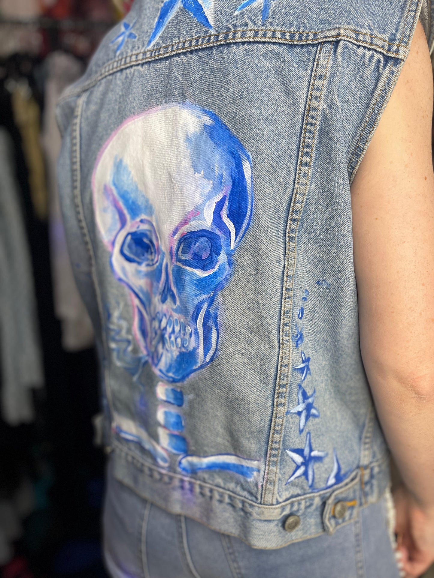 Vintage 90’s hand Painted Smokin Skull Denim Vest