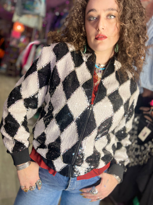 Vintage 90s Sequin Harlequin Bomber Jacket