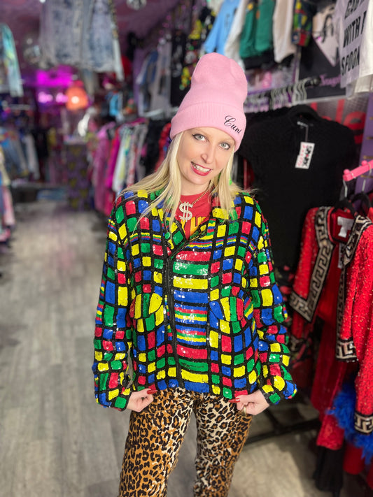 Vintage 90s Colorful Geometric Print Sequin Encrusted Jacket - Spark Pretty