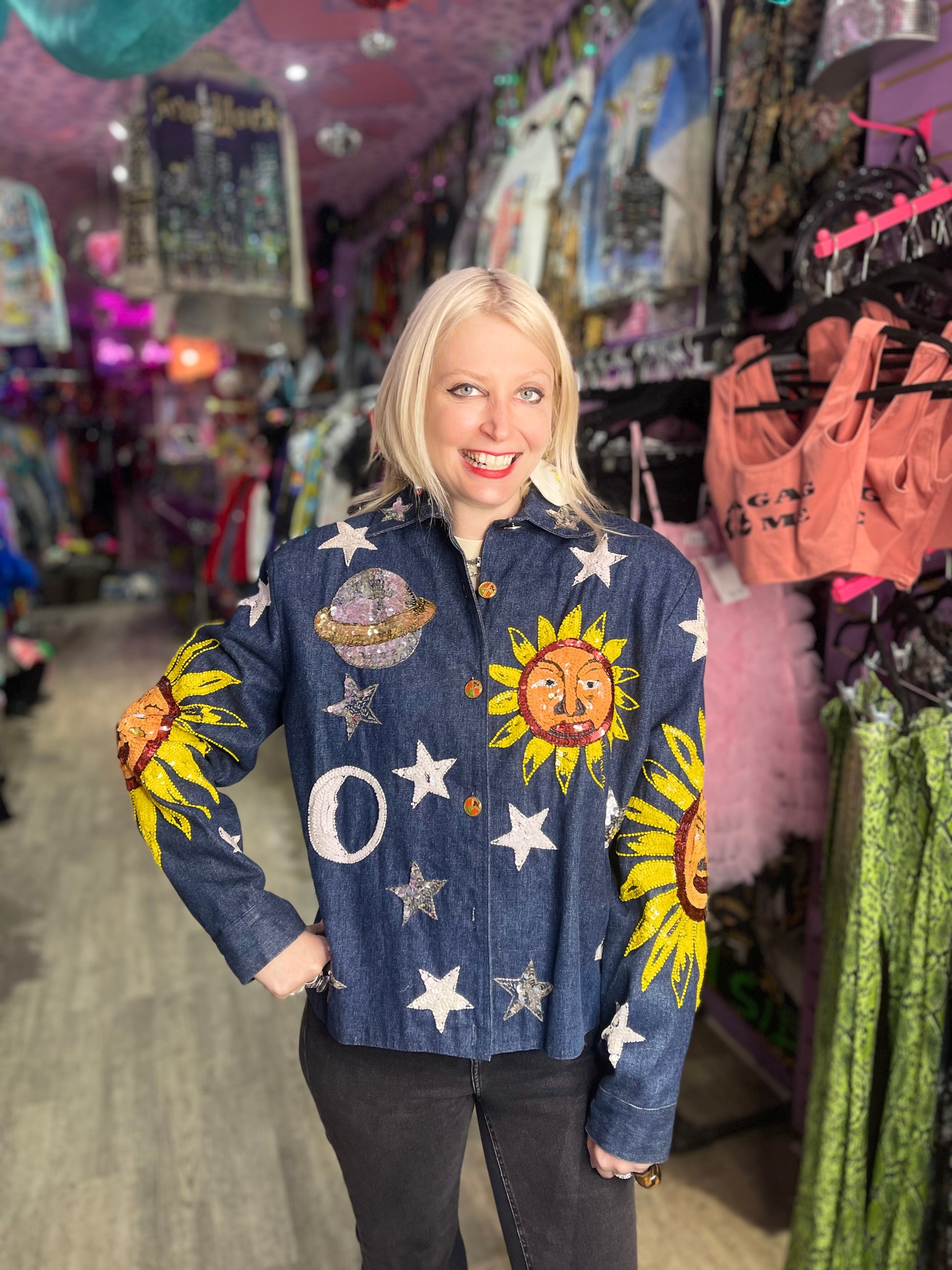 Vintage 90s Sequin Suns Celestial Denim Jacket - Spark Pretty