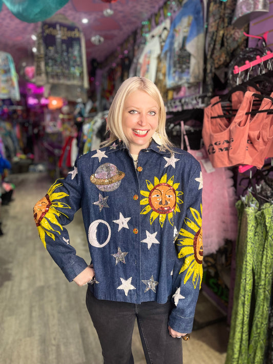 Vintage 90s Sequin Suns Celestial Denim Jacket - Spark Pretty