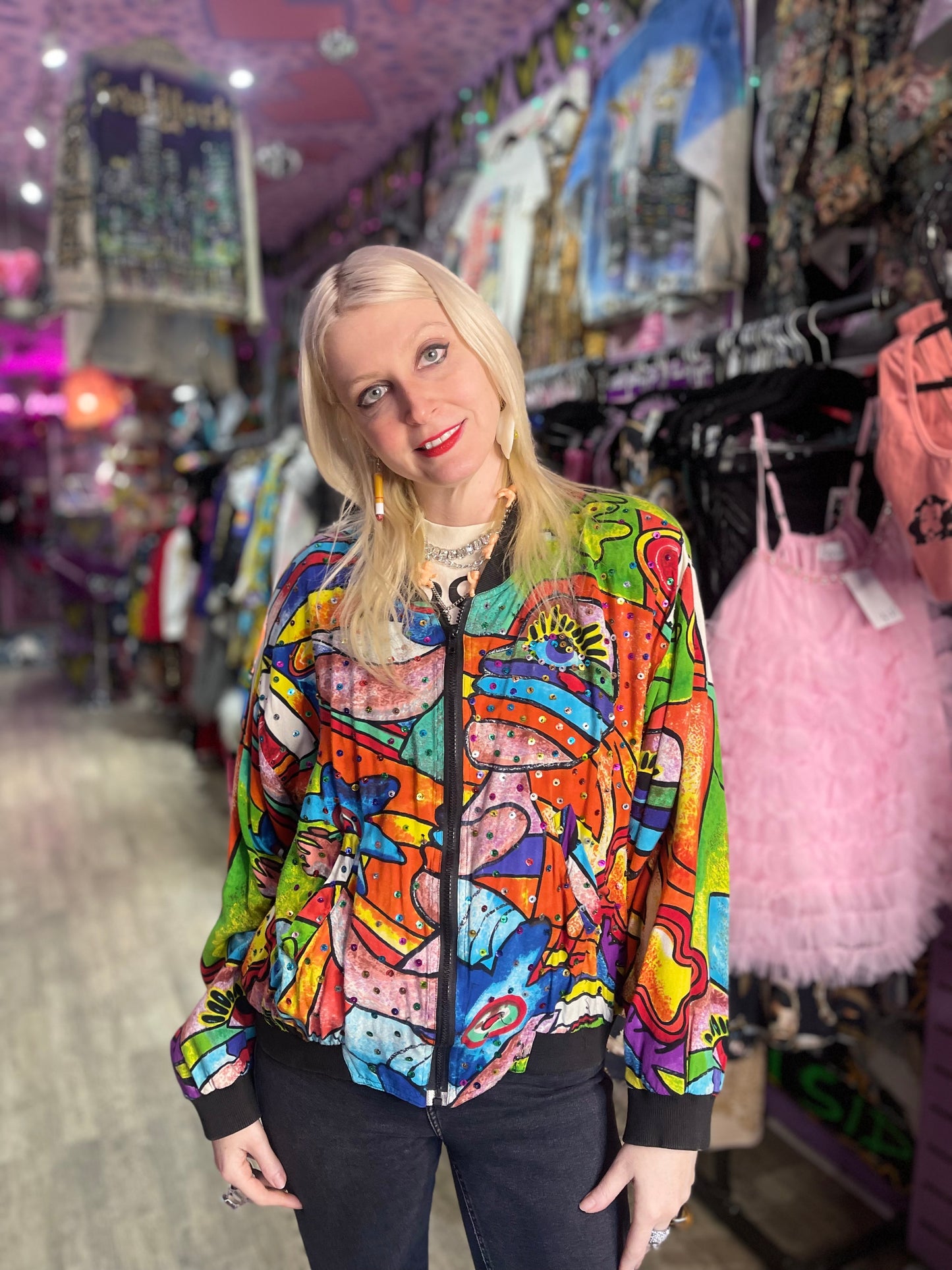 Vintage 90s Sequin Art Print Graphic Jacket - Spark Pretty
