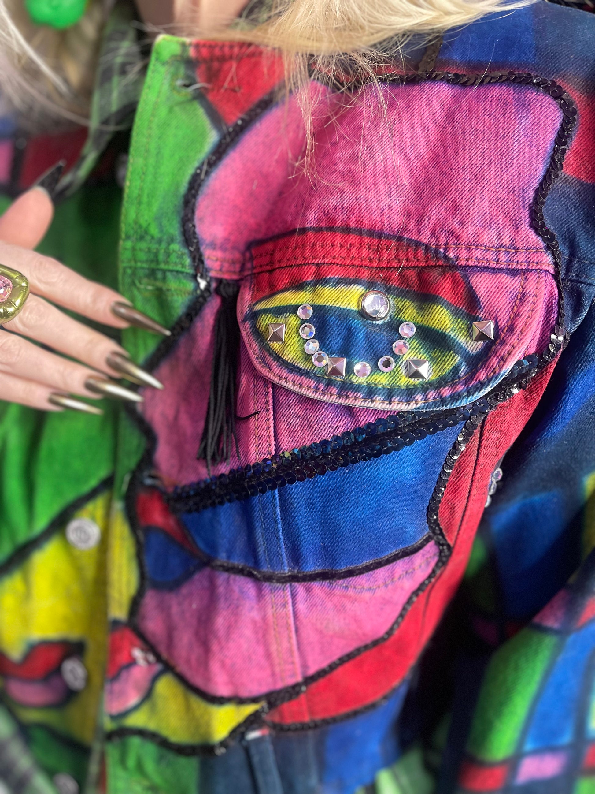 Vintage 80s Geometric Painted Faces Denim Jacket - Spark Pretty
