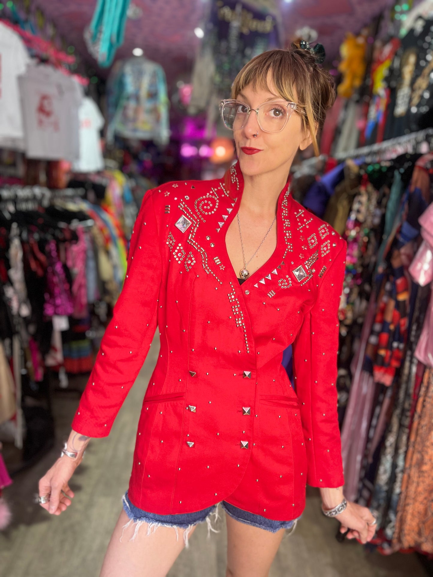 Vintage 90s Bedazzled Studded Red Double Breasted Jacket