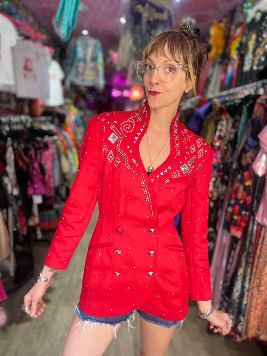Vintage 90s Bedazzled Studded Red Double Breasted Jacket