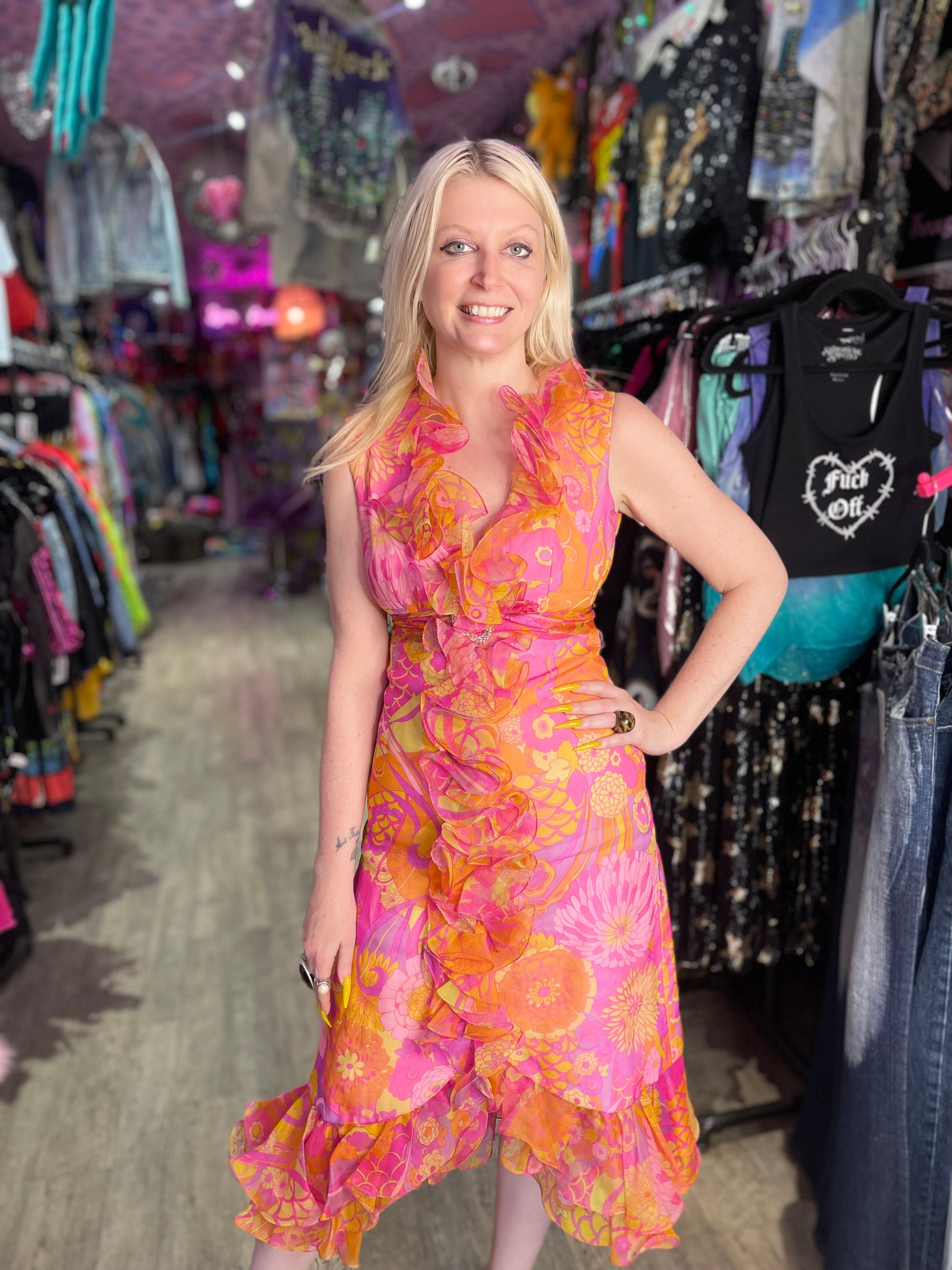 Vintage 60s 70s Groovy Ruffle Midi Dress - Spark Pretty