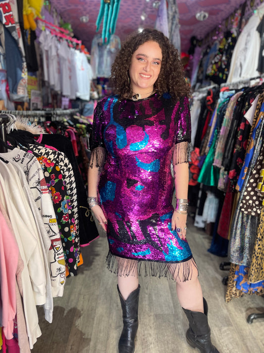 Vintage 80s Sequin Colorblock Dress