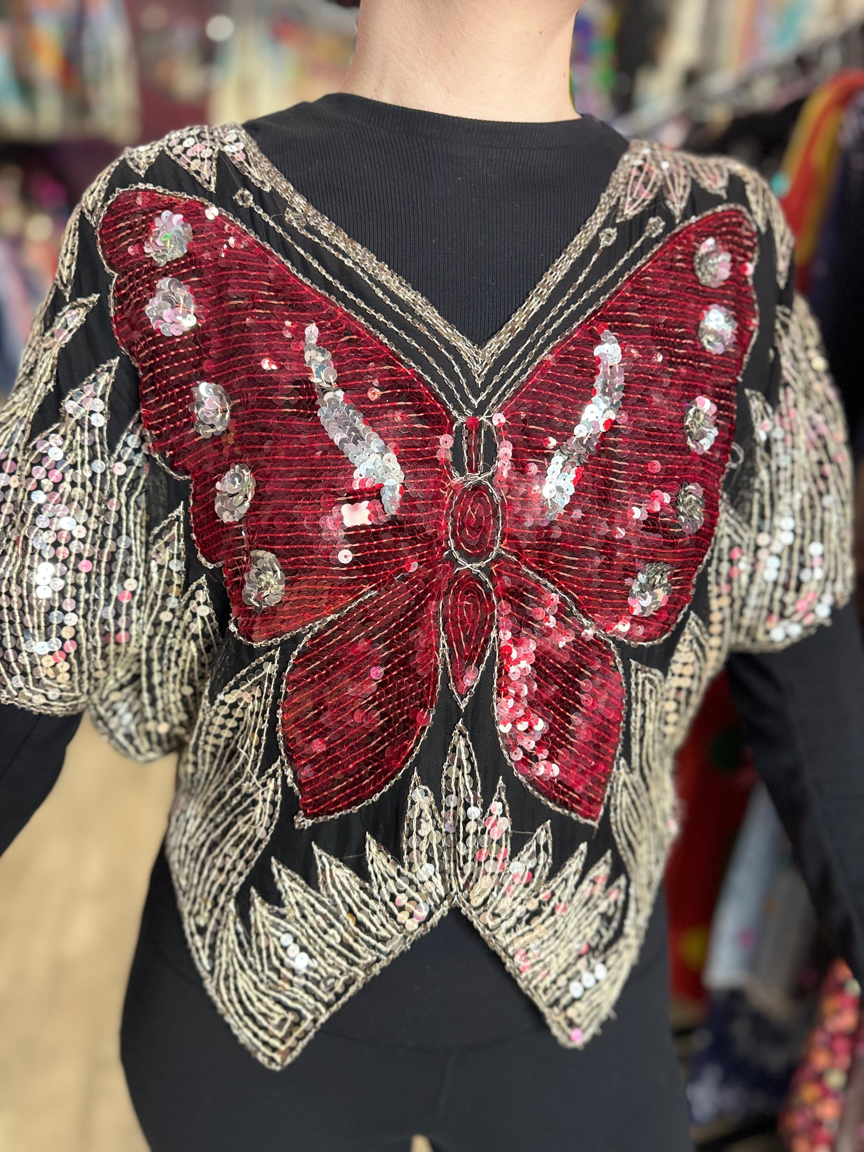 Vintage discount 80s Red Silk Hand Sequin Butterfly Top