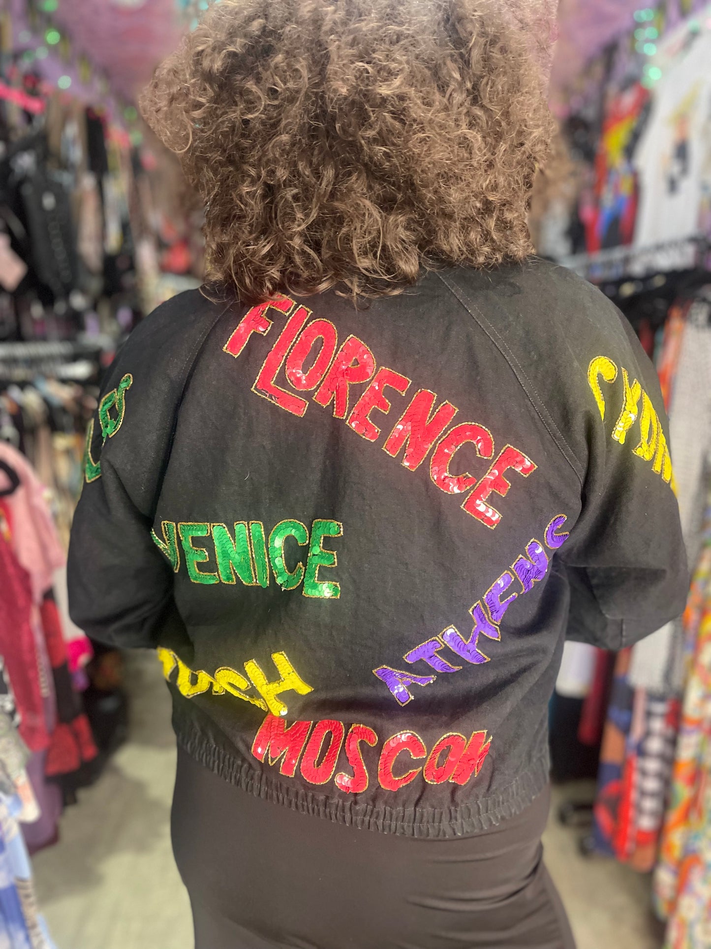 Vintage 90s Sequin City Theme Bomber Denim Jacket