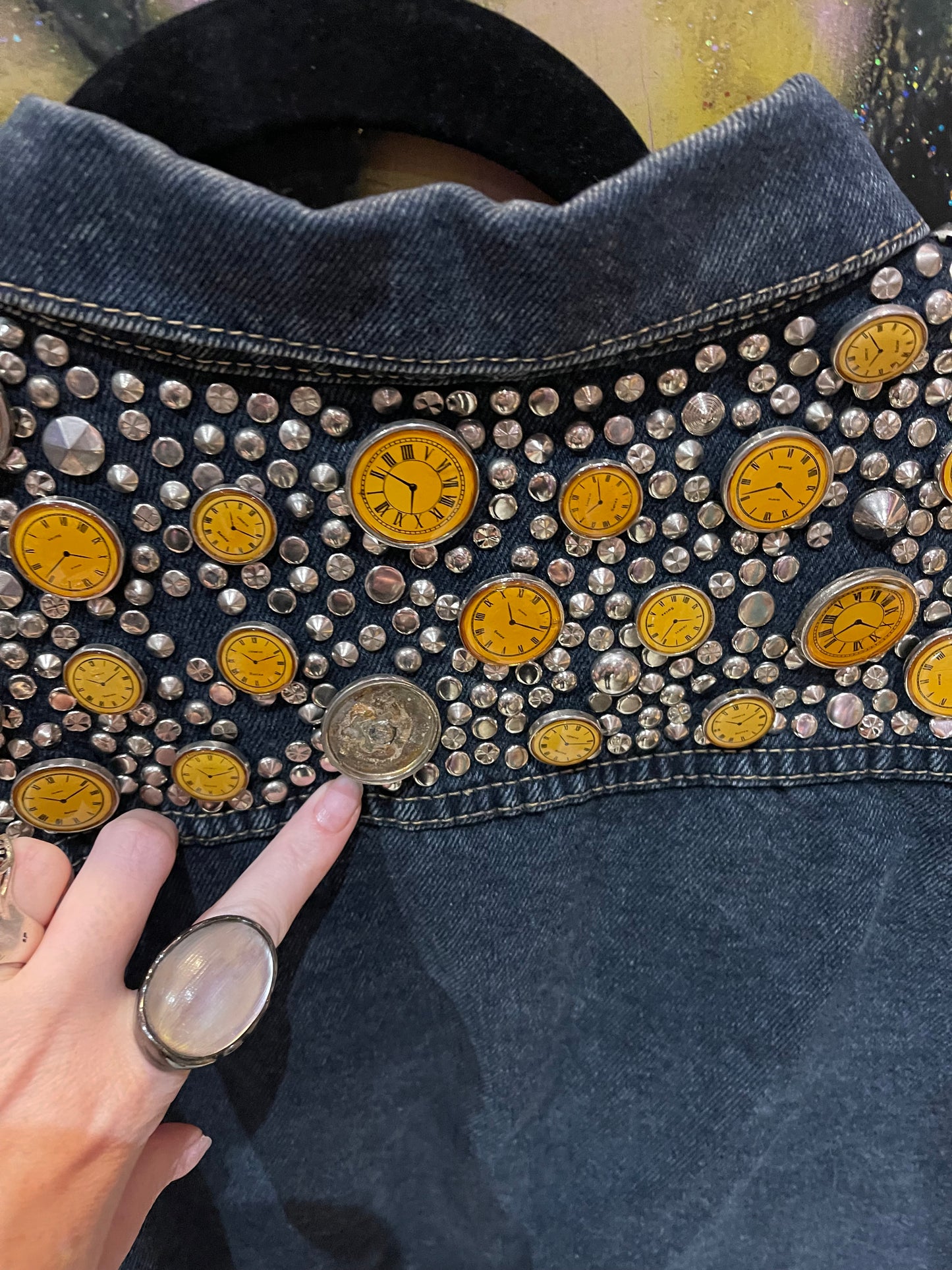 Vintage 80s Studded Clocks Jean Jacket