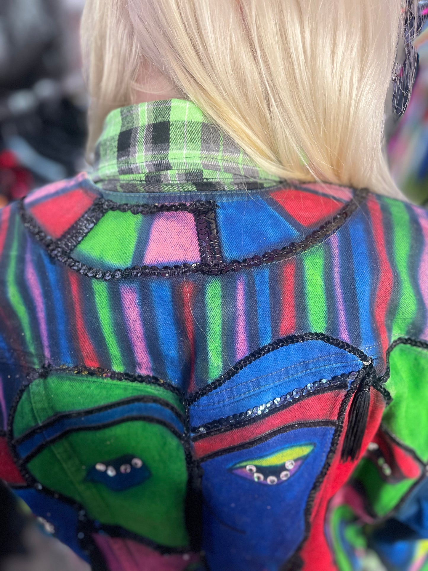 Vintage 80s Geometric Painted Faces Denim Jacket - Spark Pretty