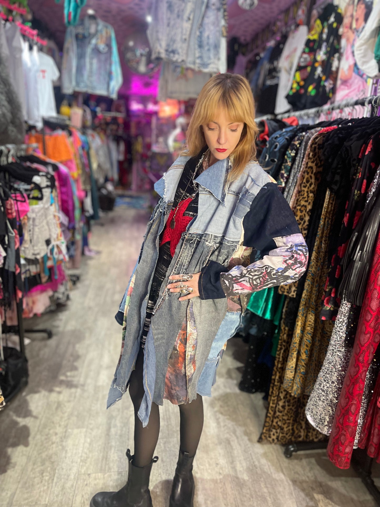 Vintage Y2K Denim Patchwork Duster