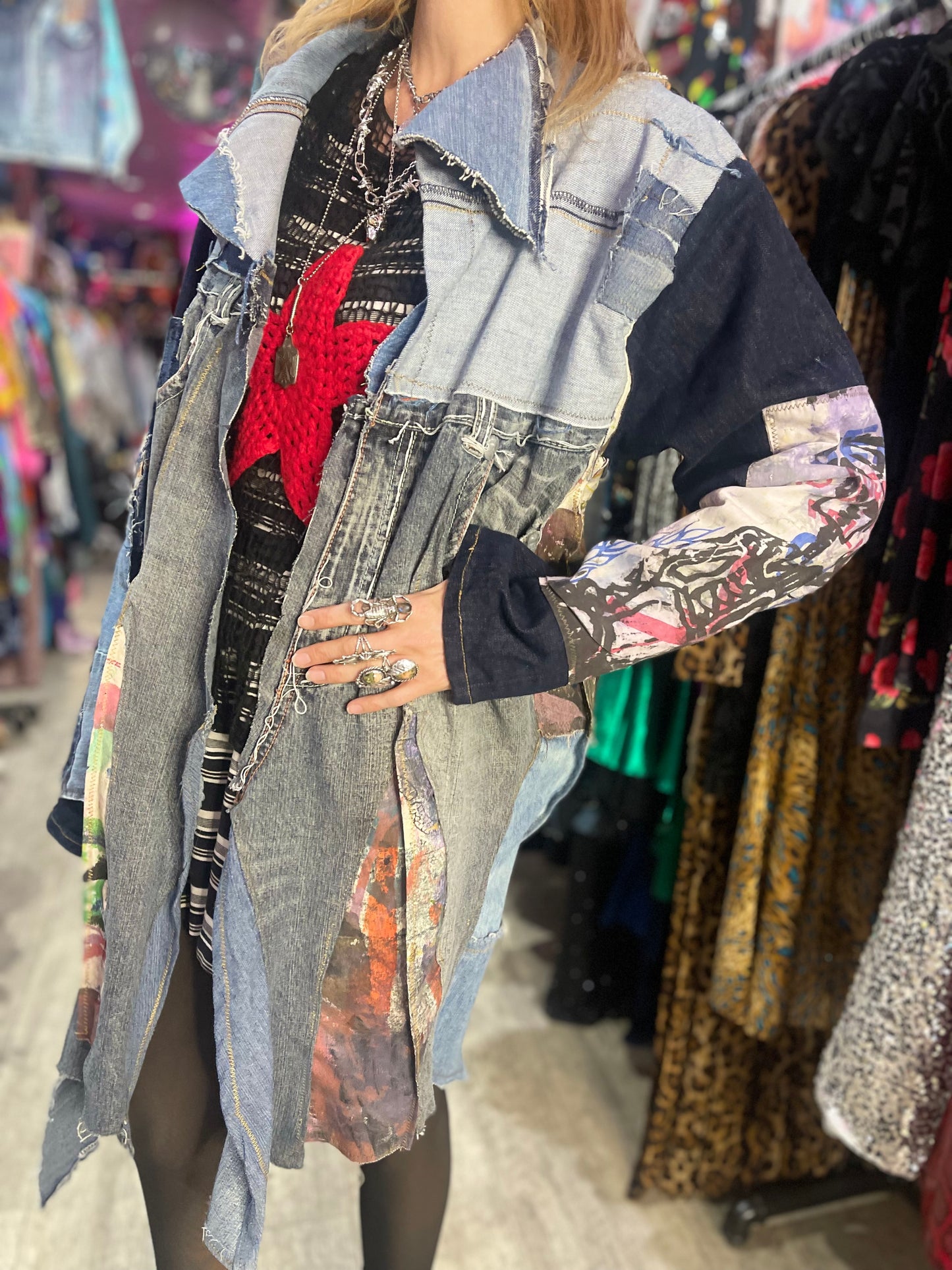 Vintage Y2K Denim Patchwork Duster