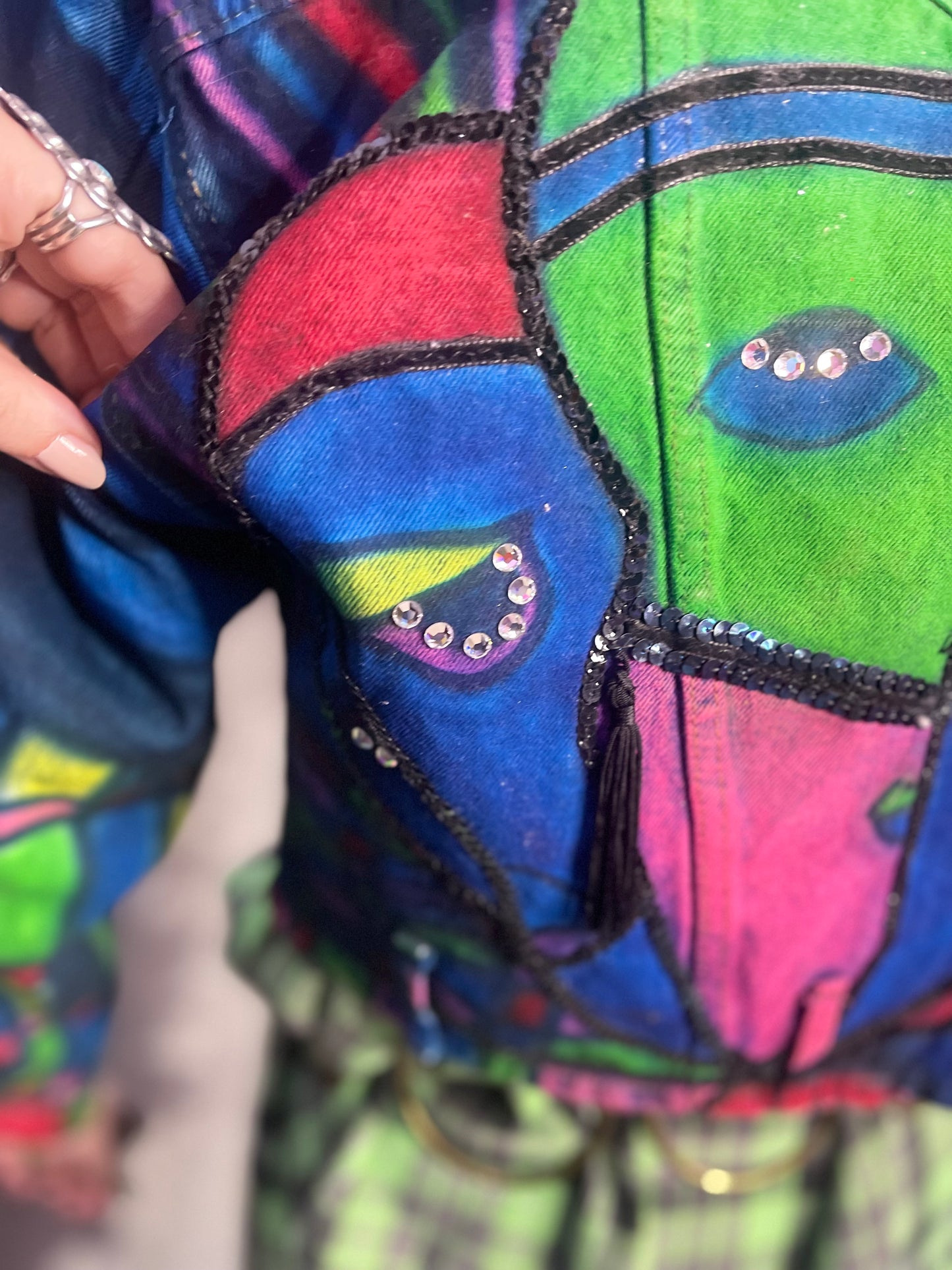 Vintage 80s Geometric Painted Faces Denim Jacket - Spark Pretty