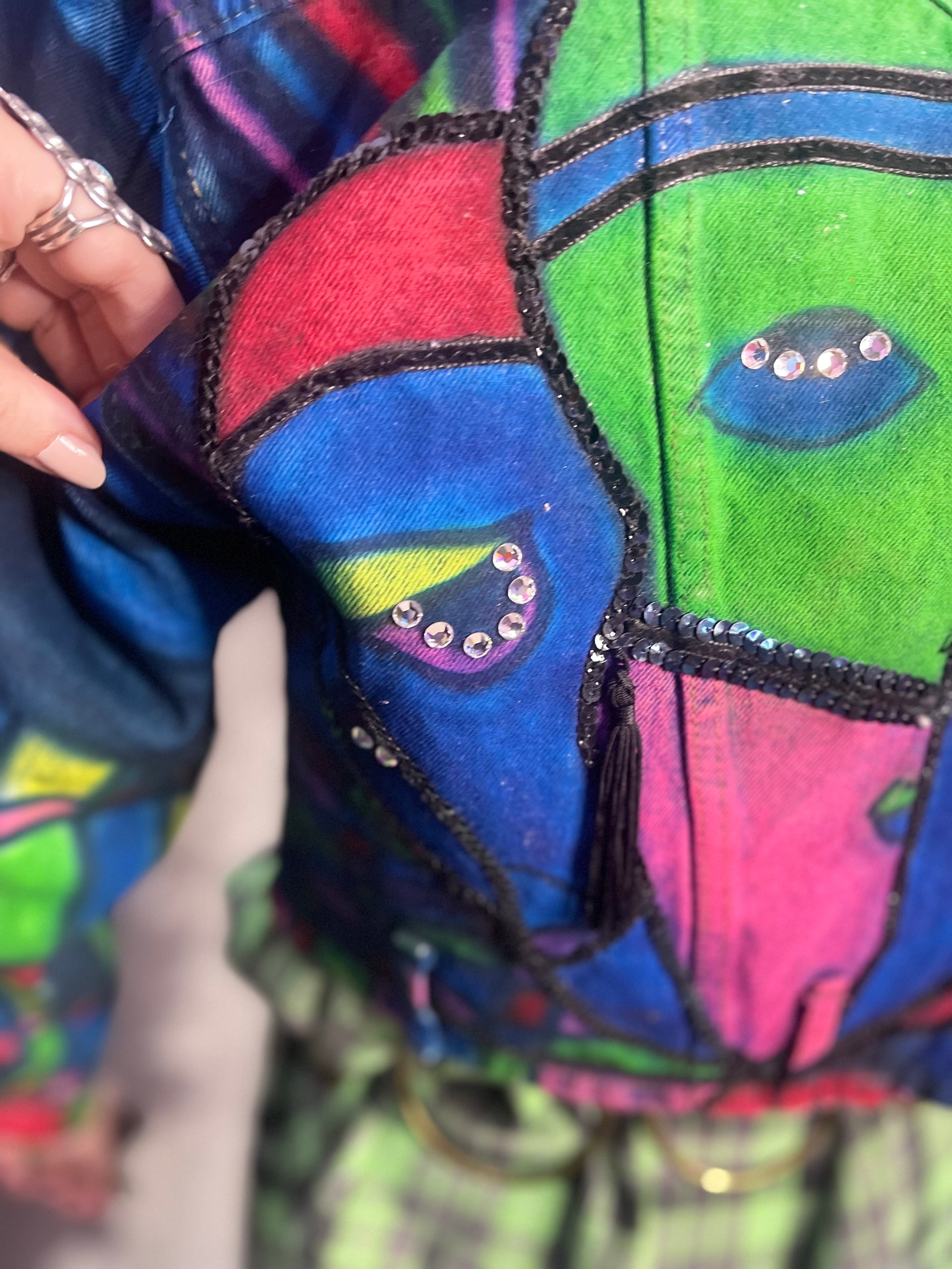 Vintage 80s Geometric Painted Faces Denim Jacket - Spark Pretty