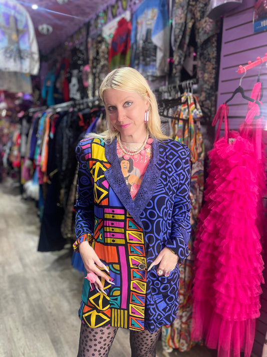 Vintage 90s Mix Print Colorful Geometric Blazer