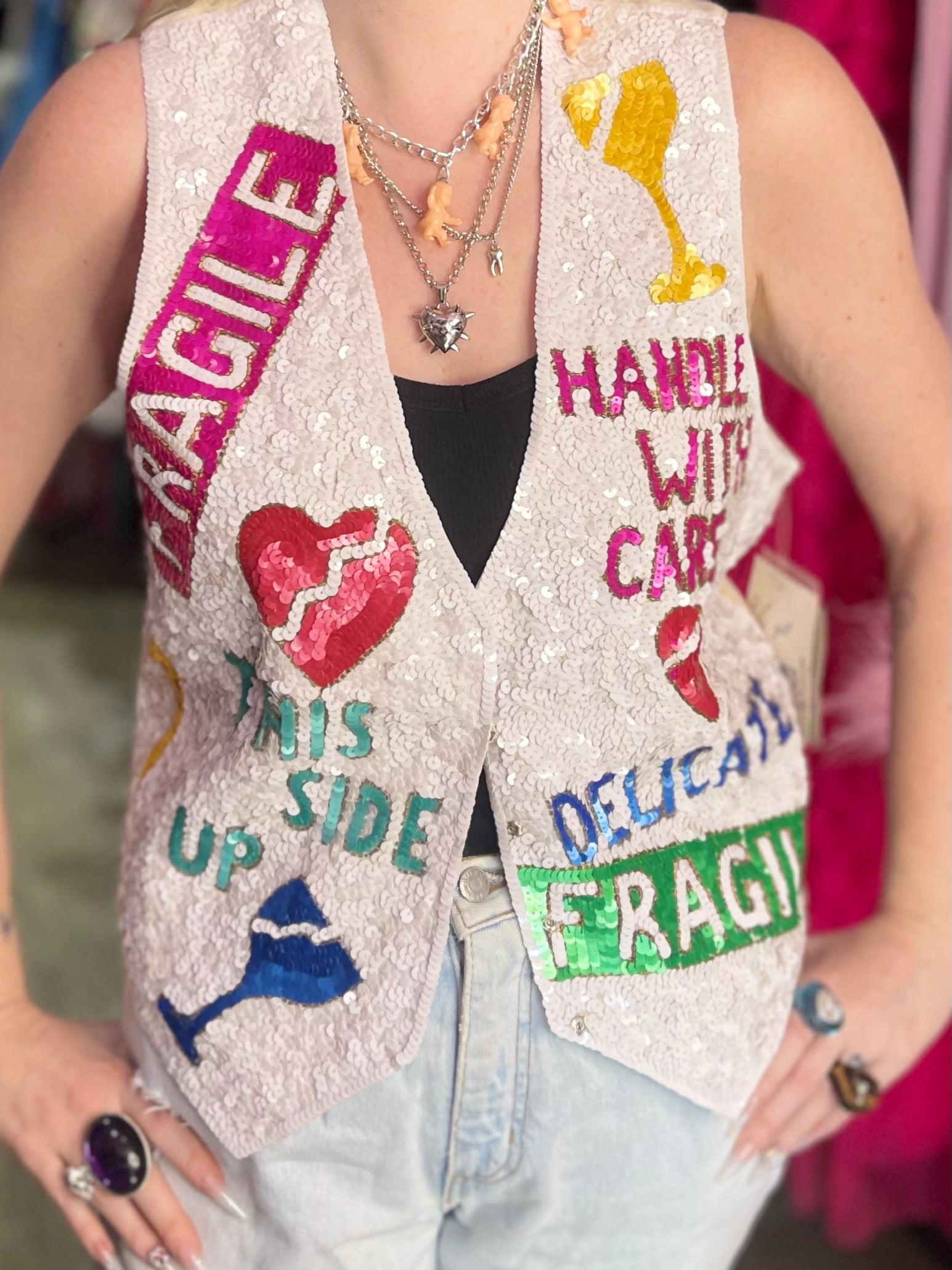 Vintage 90s Sequin Fragile Theme Vest - Spark Pretty