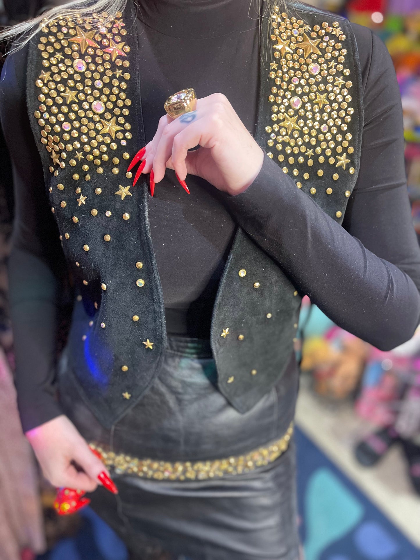 Vintage 90s Suede Bedazzled and Gold Studded Vest